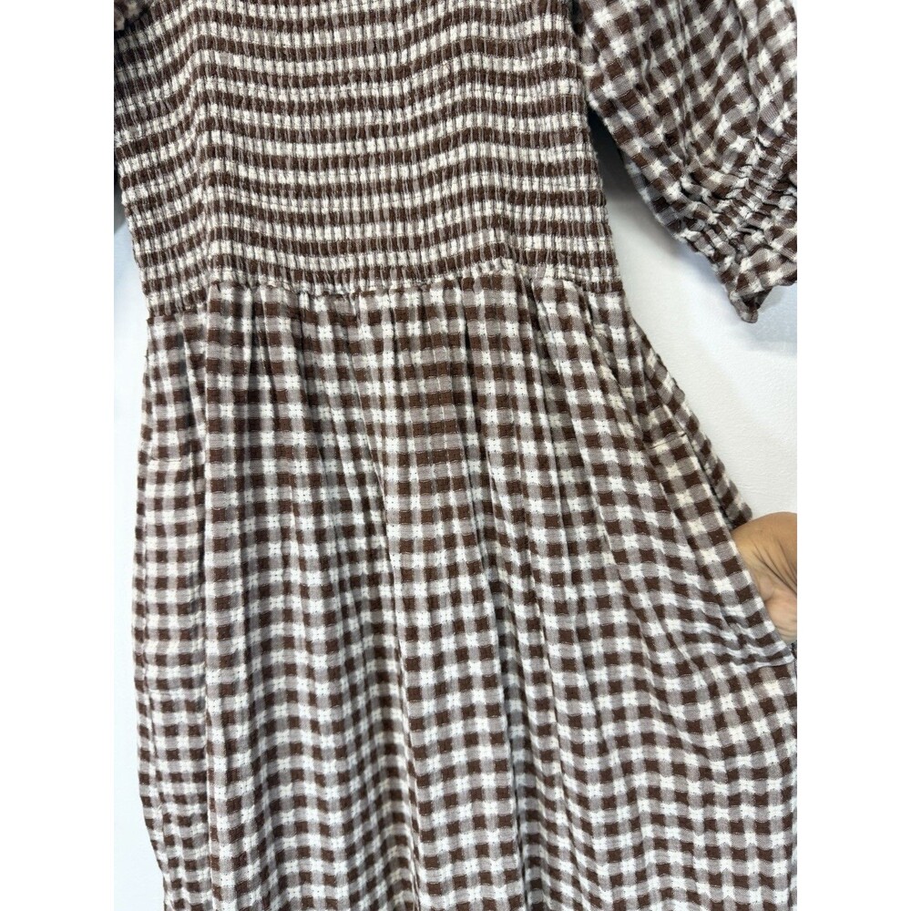Madewell Lucie Smocked Gingham Midi Dress Brown White Puff Sleeve Cotton Sz XXS - Picture 8 of 16